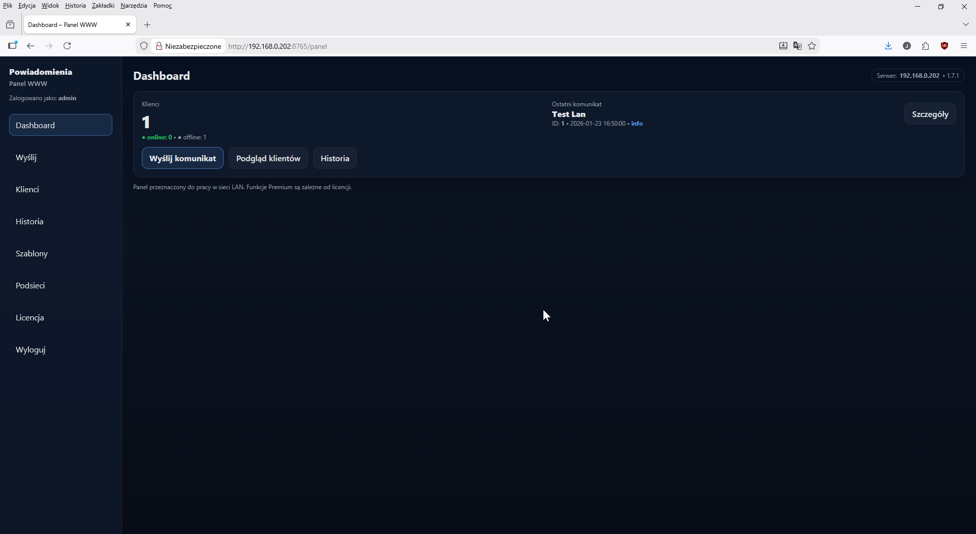 Panel WWW – dashboard